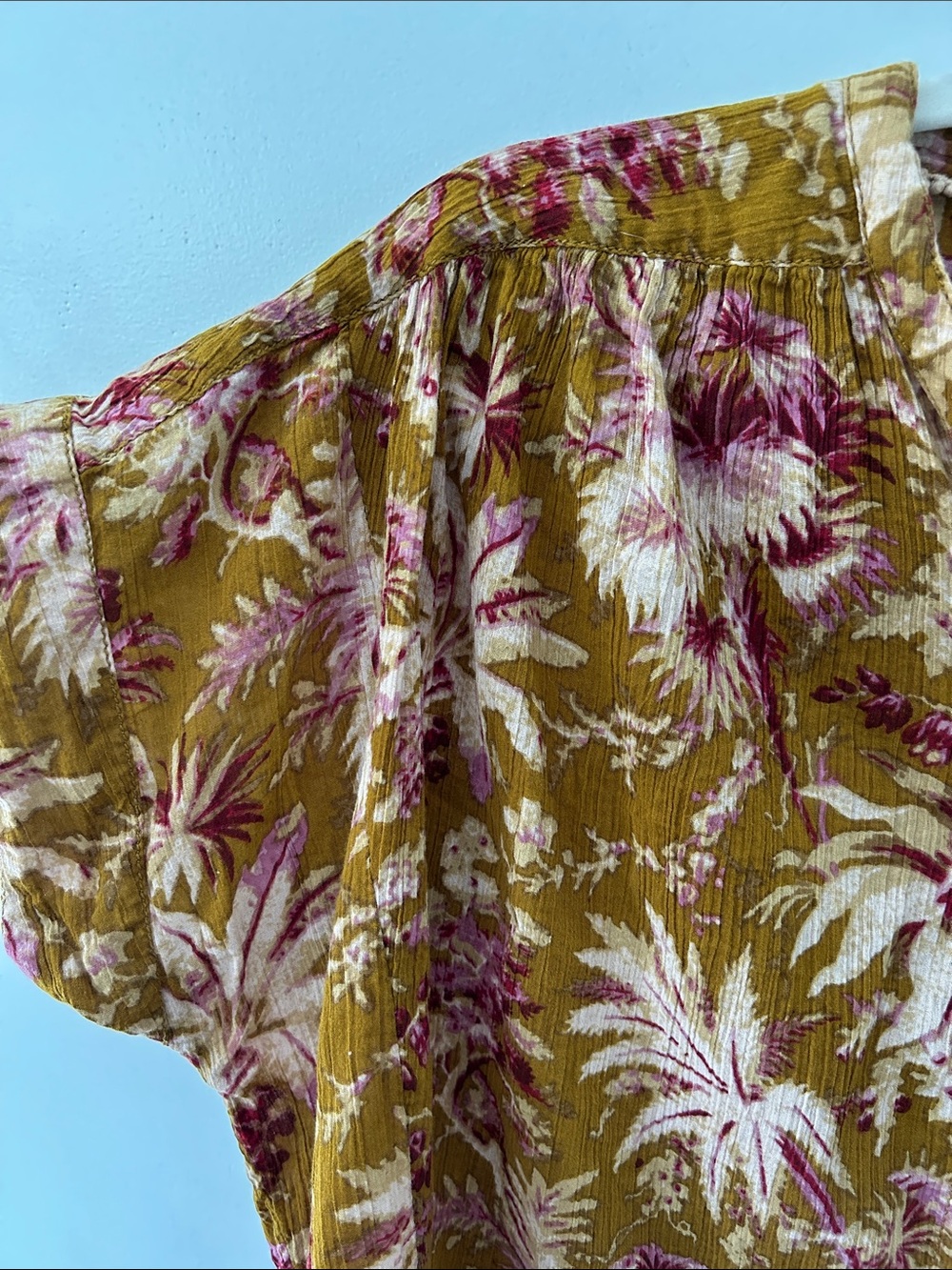 Pilcro Short Sleeved Batwing Button Blouse Mustard Pink Tropical Print Oversized - Picture 3 of 15
